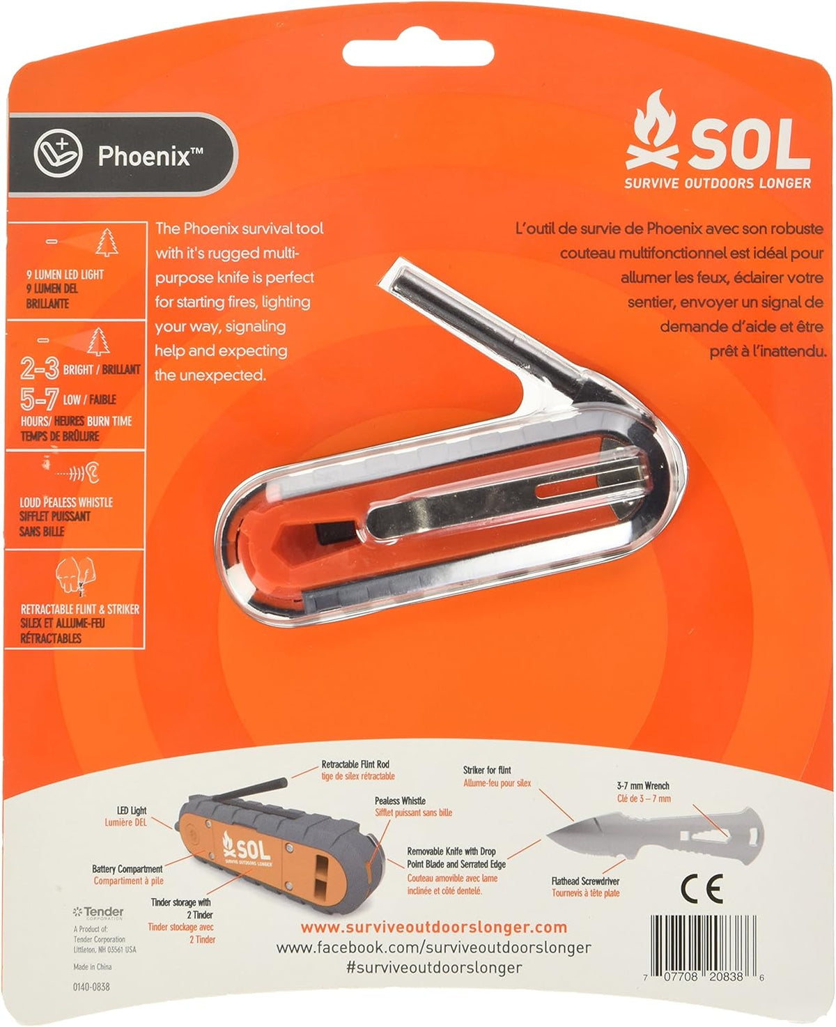 SOL Phoenix Multi-Purpose Survival Tool with Flint, Knife, Flashlight, and Whistle
